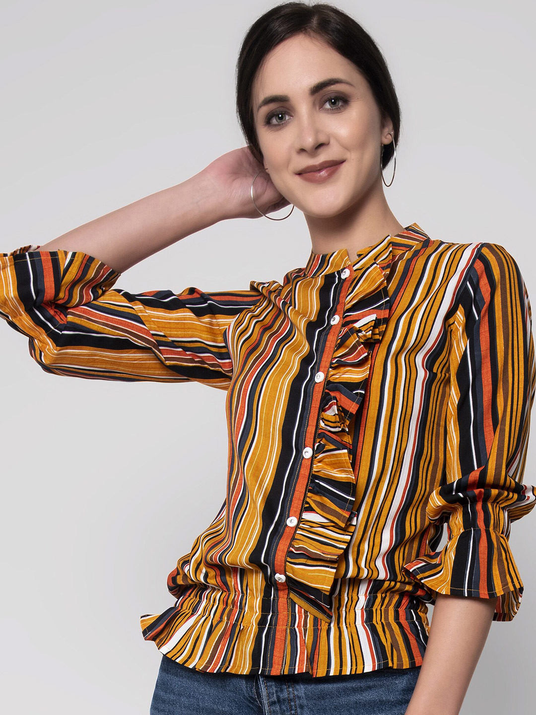 SEVEN FLOWER Striped Mandarin Collar Bell Sleeve Top