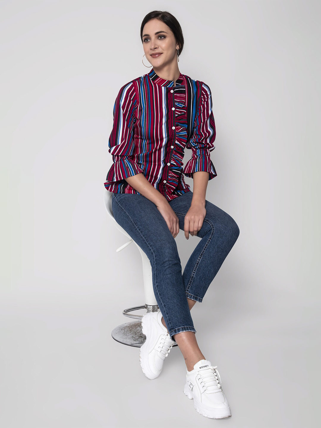 SEVEN FLOWER Striped Mandarin Collar Bell Sleeve Shirt Style Top