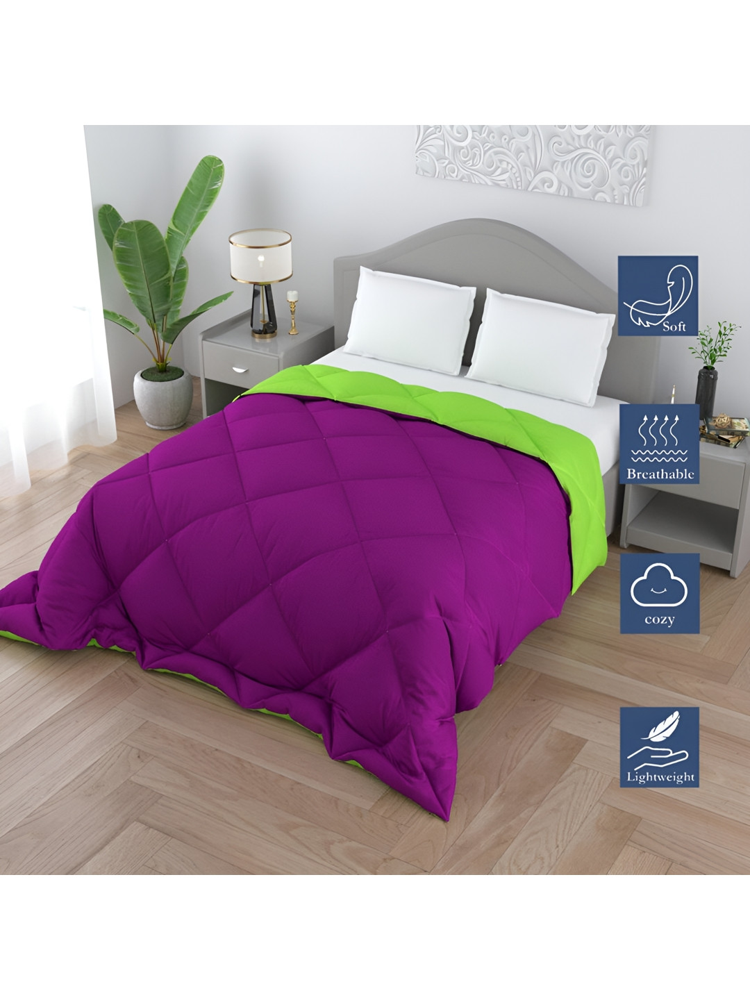 CHICERY Purple & Lime Green Microfiber 300 GSM Single Bed Comforter