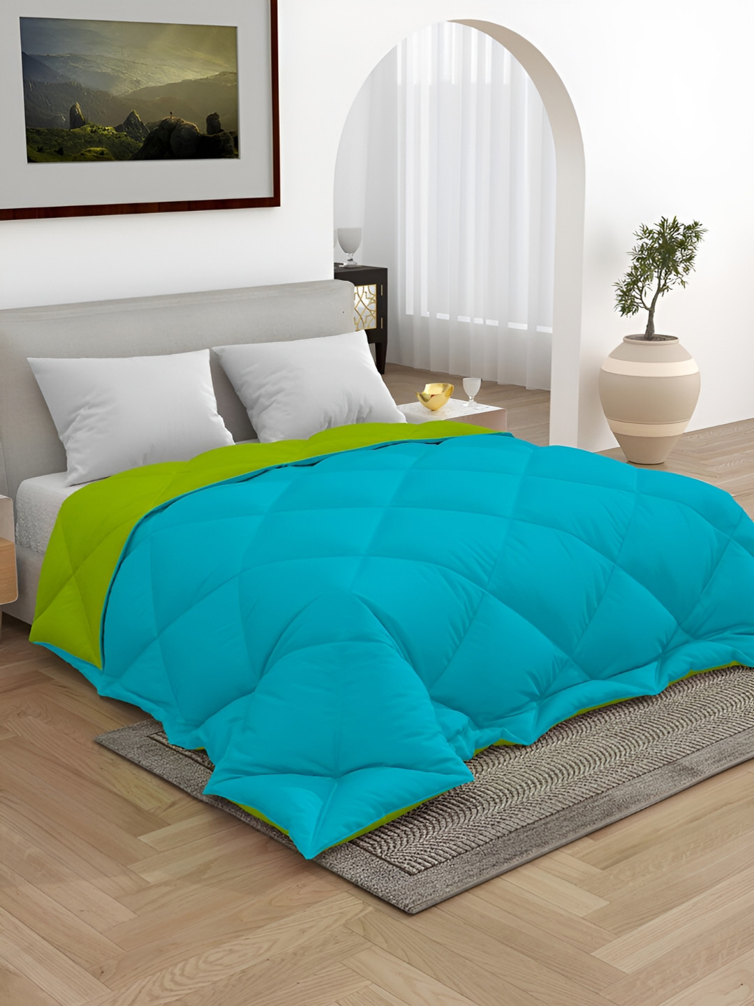CHICERY Blue & Lime Green 300 GSM Double Bed Reversible Comforter