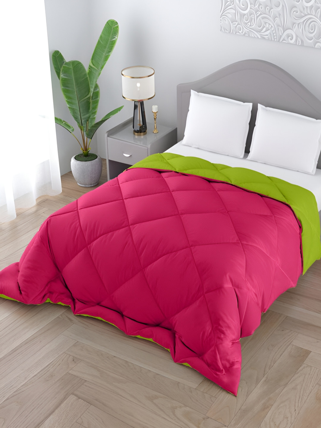 CHICERY Pink & Lime Green Microfiber 300 GSM Double Bed Comforter