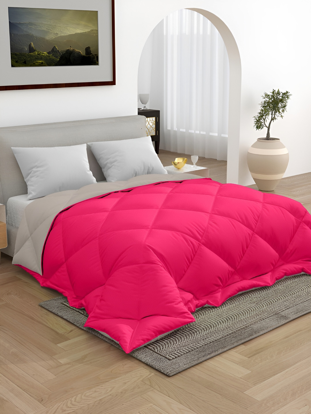 CHICERY Pink & Off White 300 GSM Single Bed Reversible Comforter