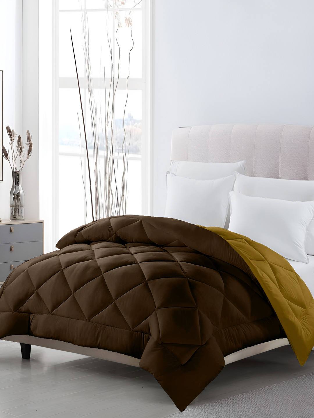 CHICERY Brown & Gold-Toned Microfiber 300 GSM Reversible Single Bed Comforter