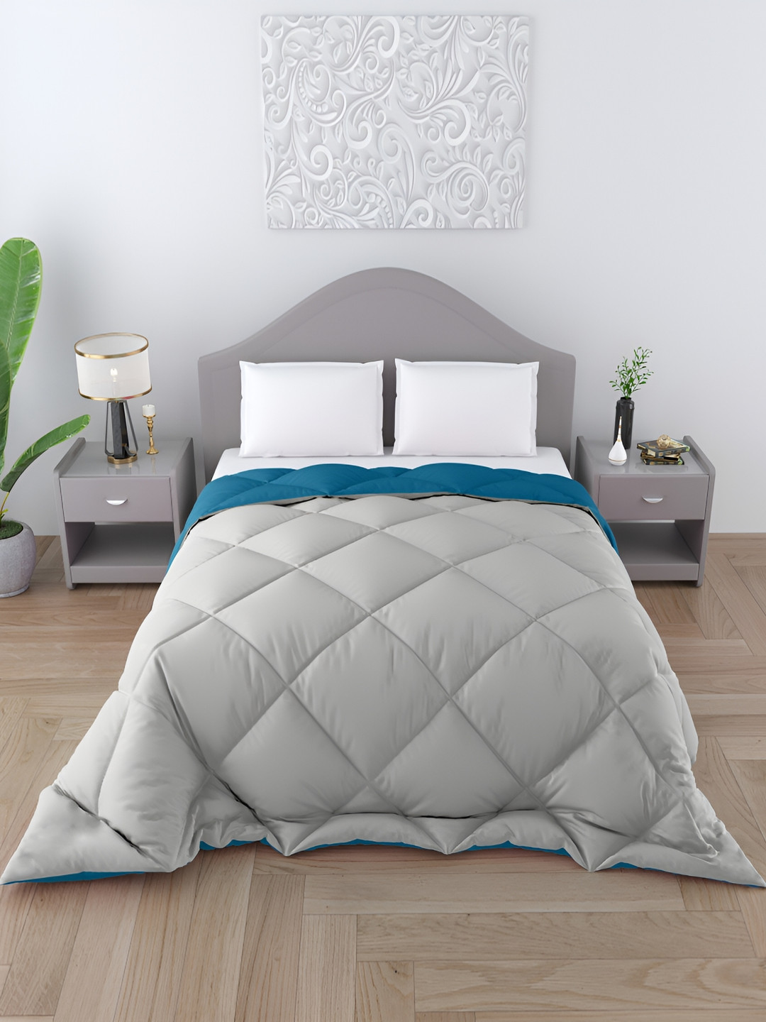 CHICERY Grey & Teal Microfiber Reversible Double Bed Comforter
