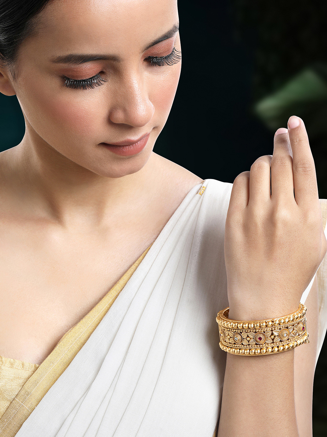 Peora Gold-Plated Stone-Studded Textured Kada Bangle