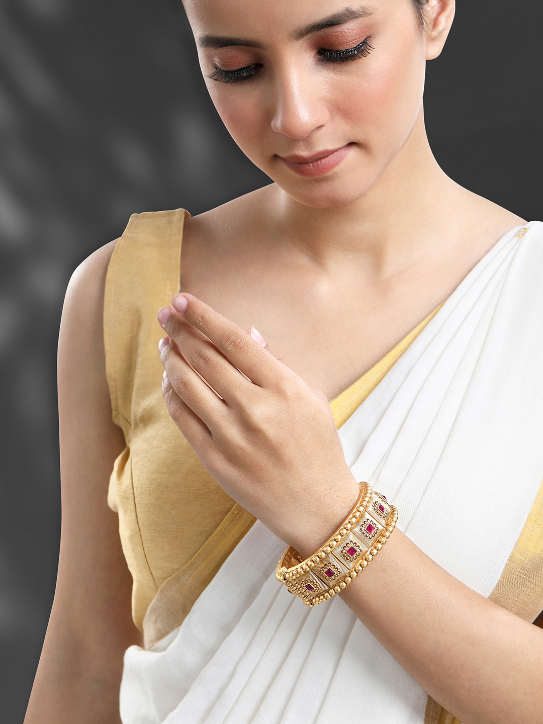 Peora Gold Plated Stones Studded Thick Kada Bangle