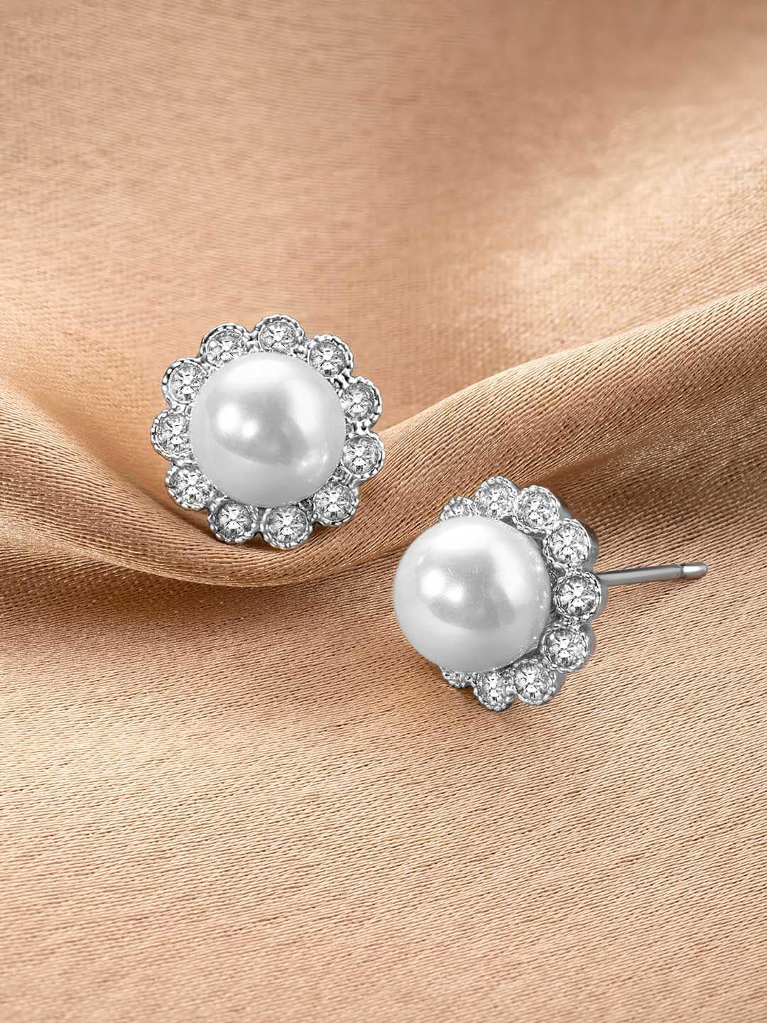 Peora Silver Plated Cubic Zirconia Pearl Studded Round Studs Earrings