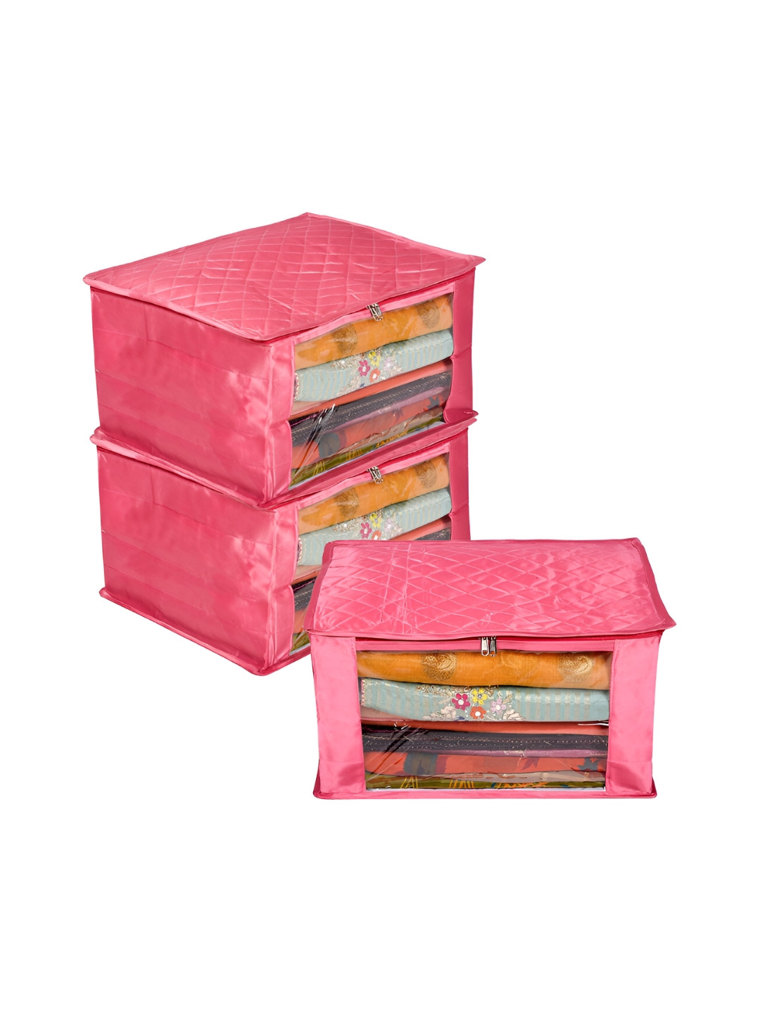 Kuber Industries Pink 3 Pieces Reusable Zip Closure Saree Storage Bag Organisers