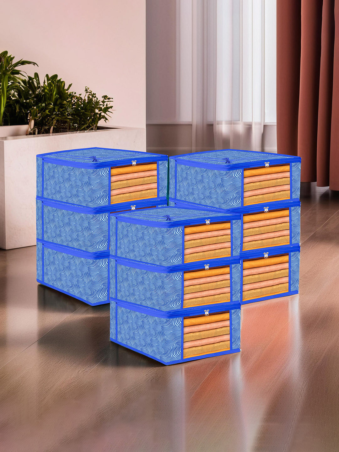 Kuber Industries Set of 9 Blue Transparent Window Saree Cover Organiser