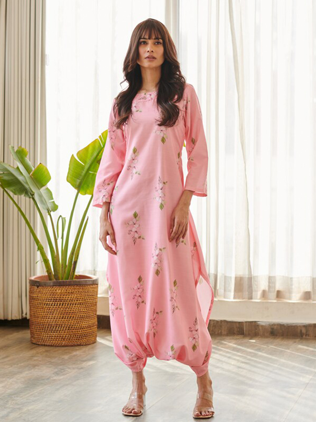 Pasha Floral Printed Boat Neck Cotton A-Line Maxi Jumpsuit Ethnic Dress