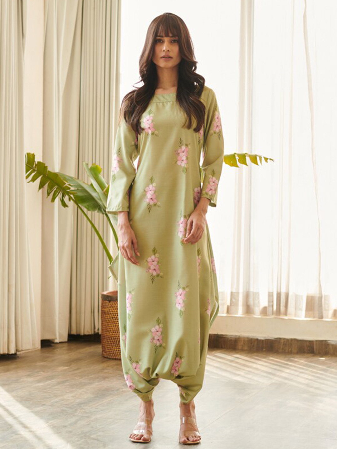 Pasha Floral Printed Boat Neck Cotton A-Line Maxi Jumpsuit Ethnic Dress