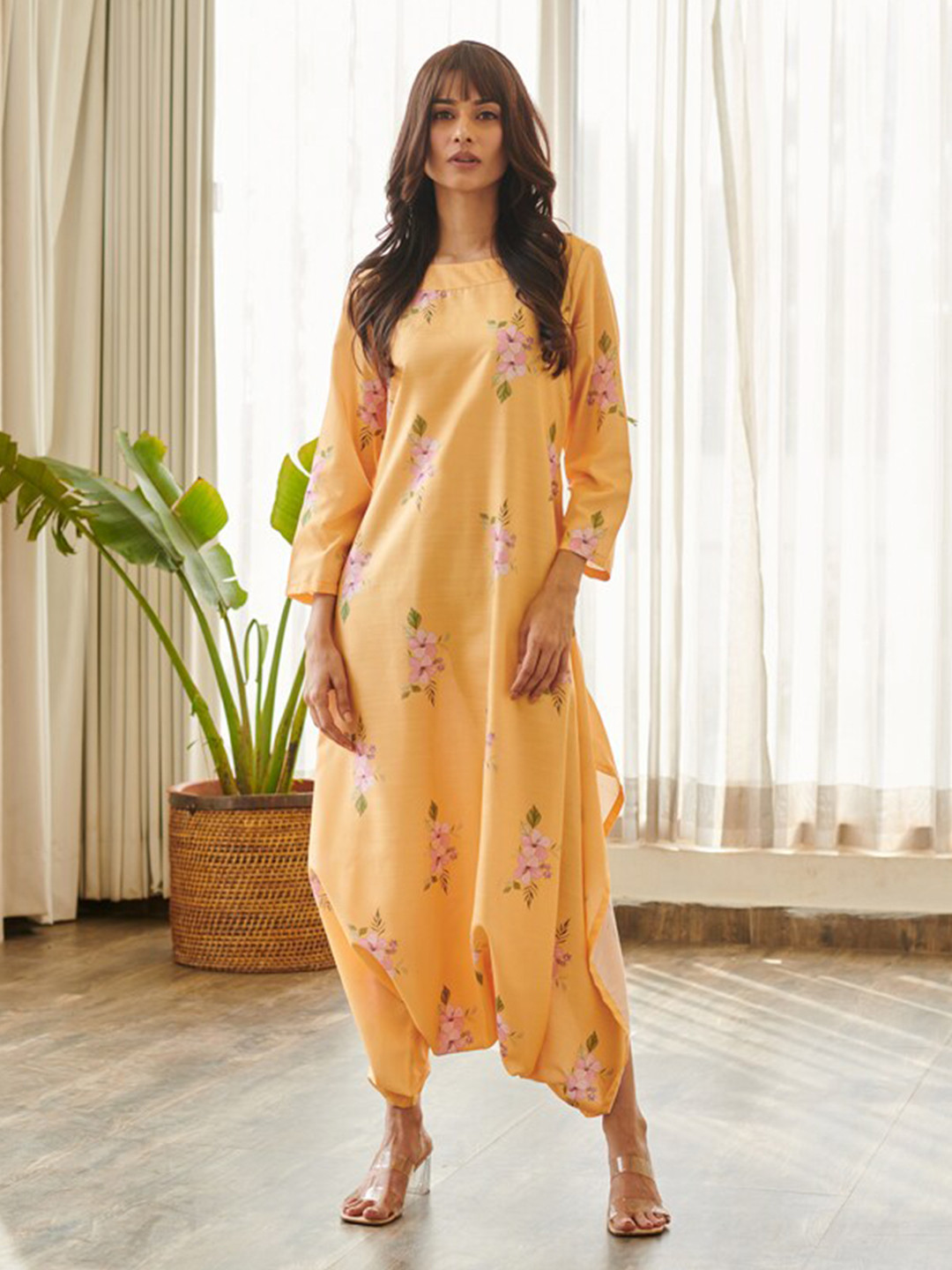 Pasha Floral Printed Boat Neck Cotton A-Line Maxi Jumpsuit Ethnic Dress