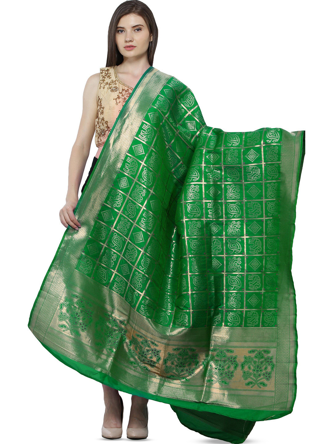 Exotic India Vibrant Green Zari Woven Bandhani Gharchola Silk Dupatta with Brocaded Border