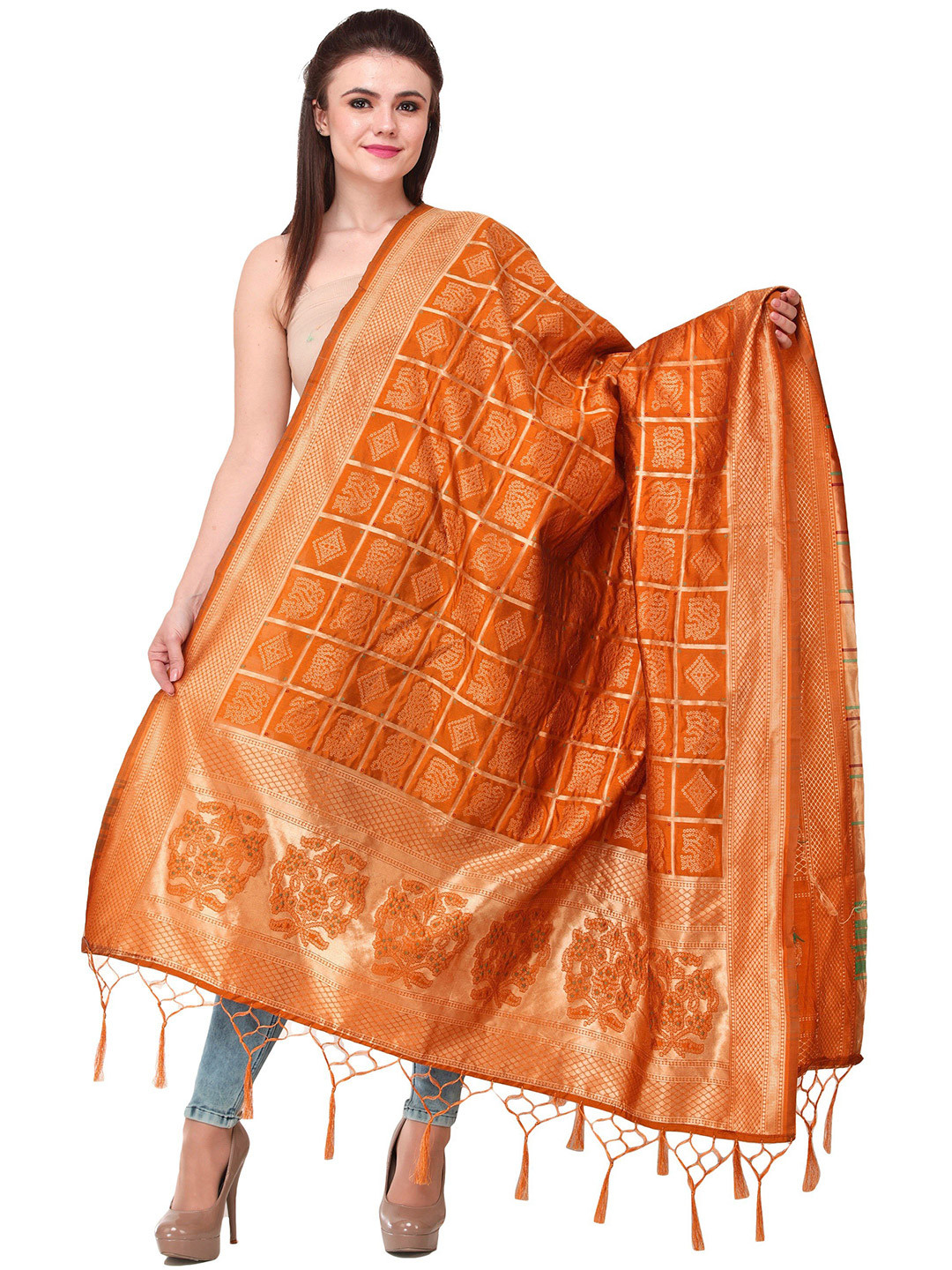 Exotic India Firecracker Zari Woven Bandhani Gharchola Silk Dupatta with Brocaded Border