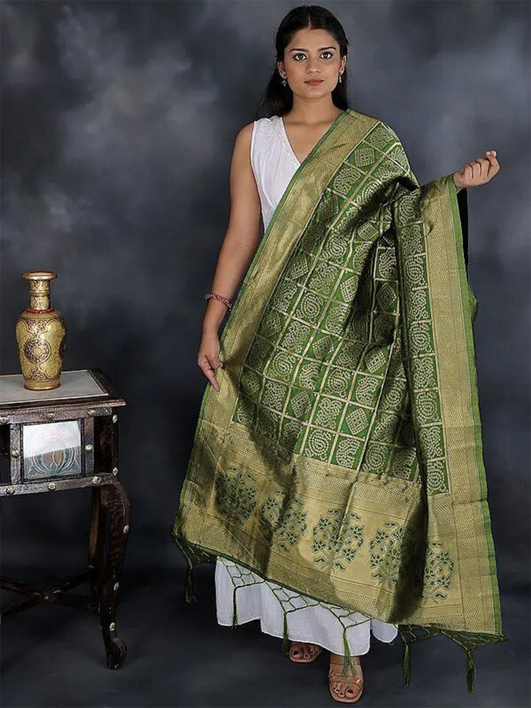 Exotic India Calla Green Zari Woven Bandhani Gharchola Silk Dupatta with Brocaded Border