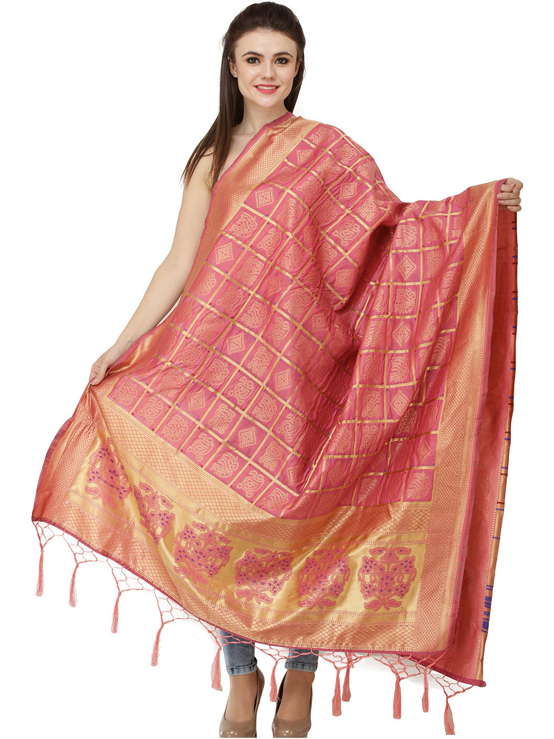 Exotic India Rose Of Sharon Zari Woven Bandhani Gharchola Dupatta with Brocaded Border