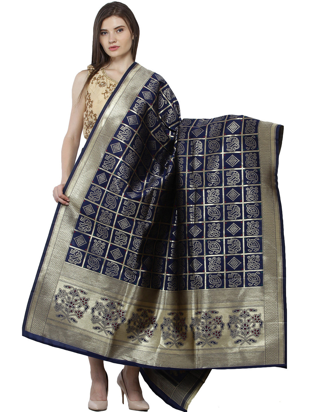 Exotic India Deep Blue Zari Woven Bandhani Gharchola Silk Dupatta with Brocaded Border