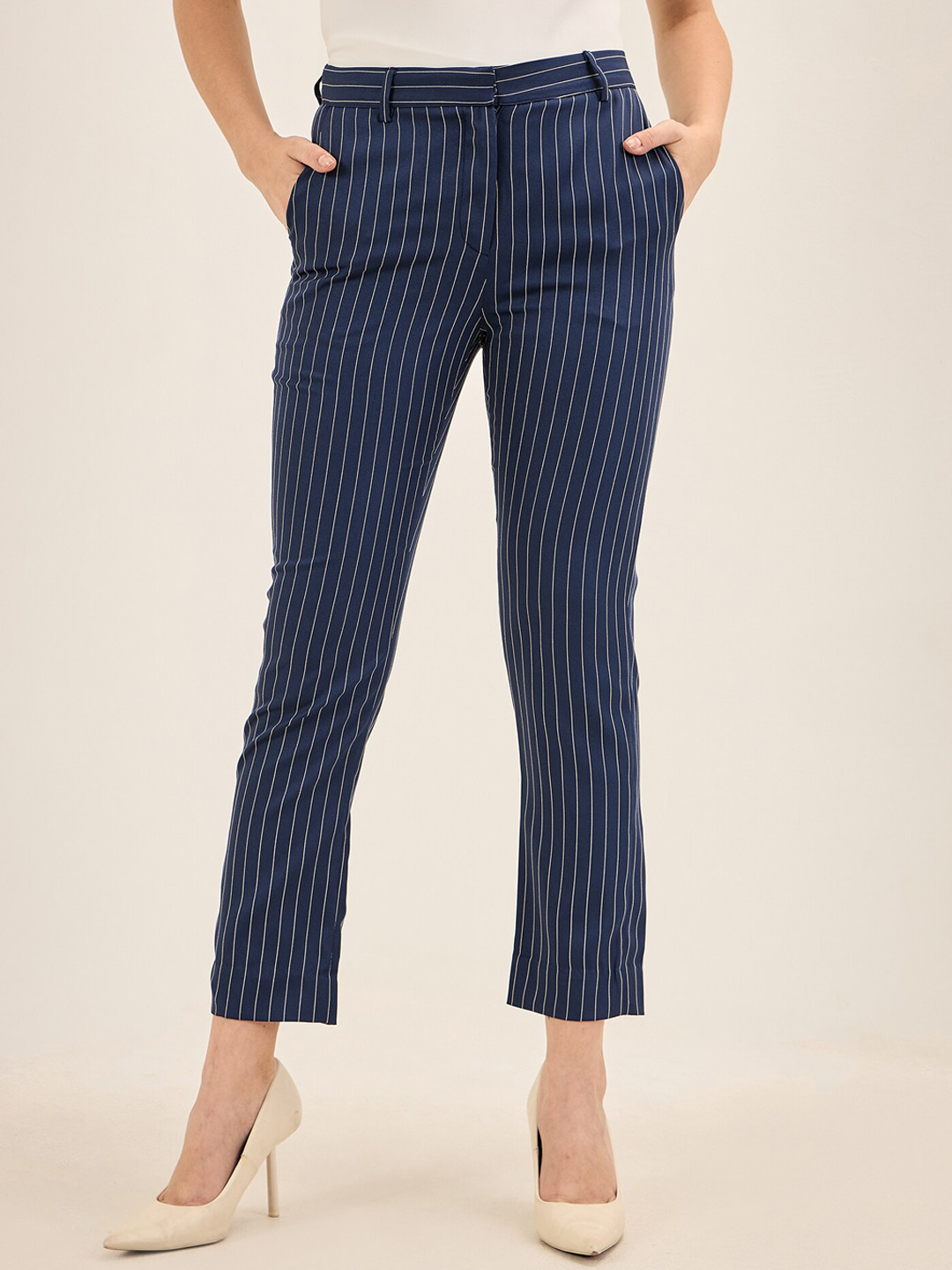 SALT ATTIRE Women Striped Slim Fit High-Rise Cigarette Trousers