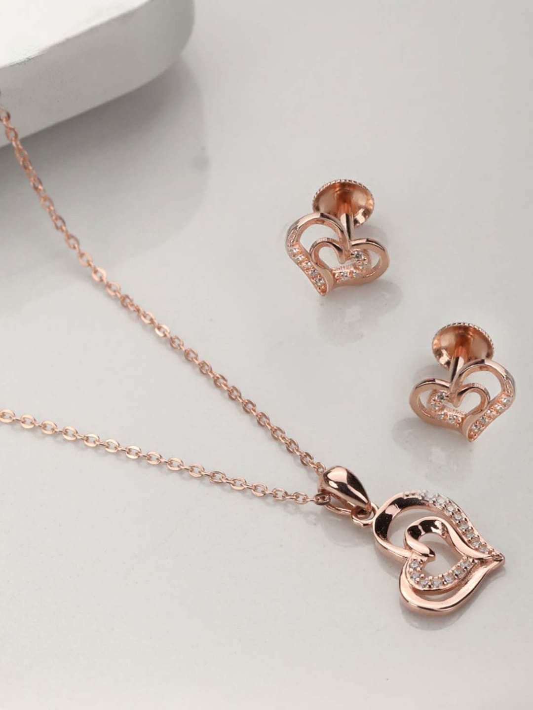 Zavya 925 Pure Silver Rose Gold Plated CZ Studded Jewellery Set