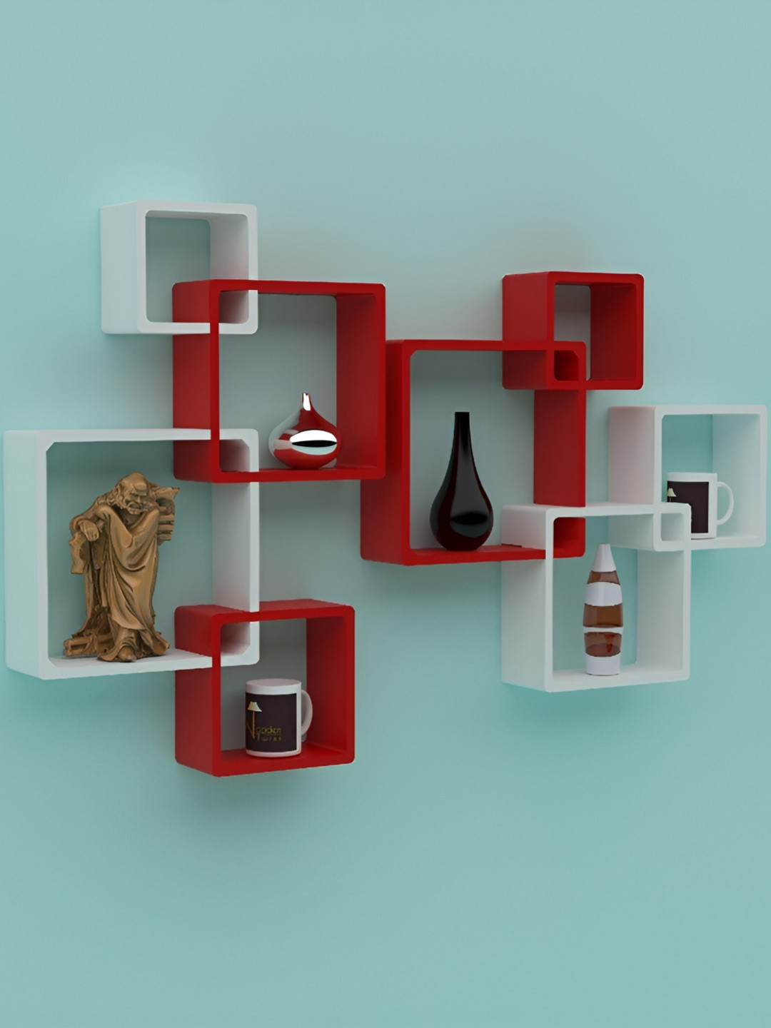 Wooden Twist Rafuf 8 Pieces Red & White Wooden Intersecting Wall Shelves