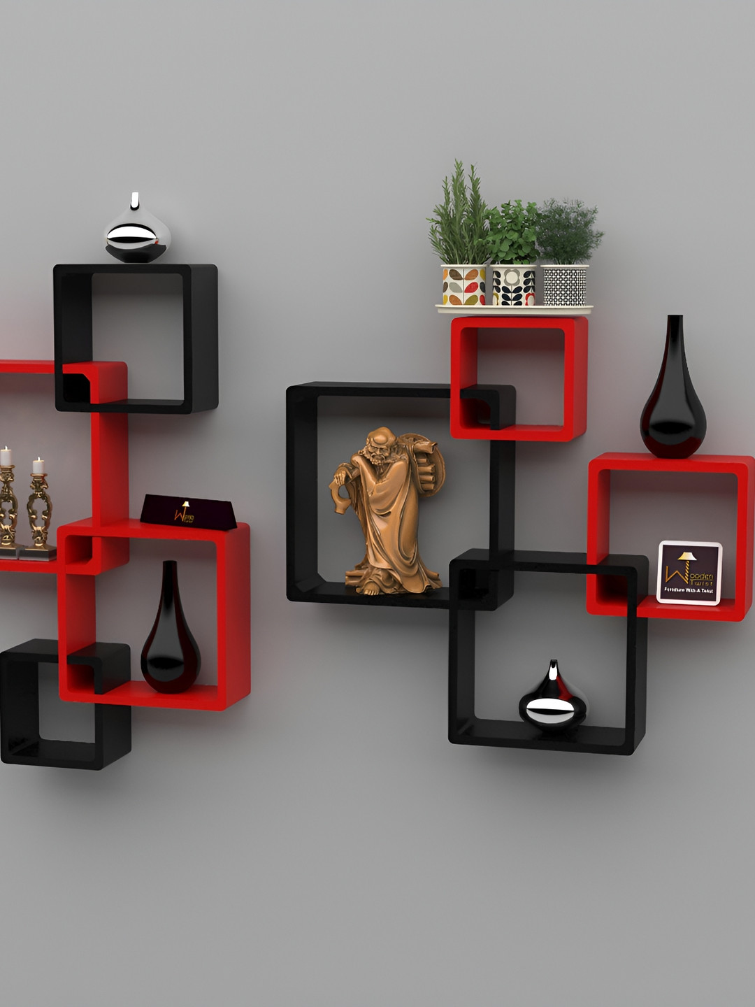 Wooden Twist Rafuf 8 Pieces Black & Red MDF Wooden Intersecting Wall Shelves