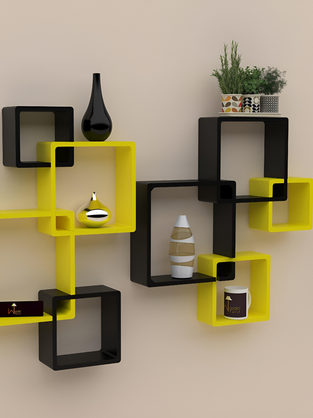 Wooden Twist Rafuf 8 Pieces Yellow & Black Wall Shelves