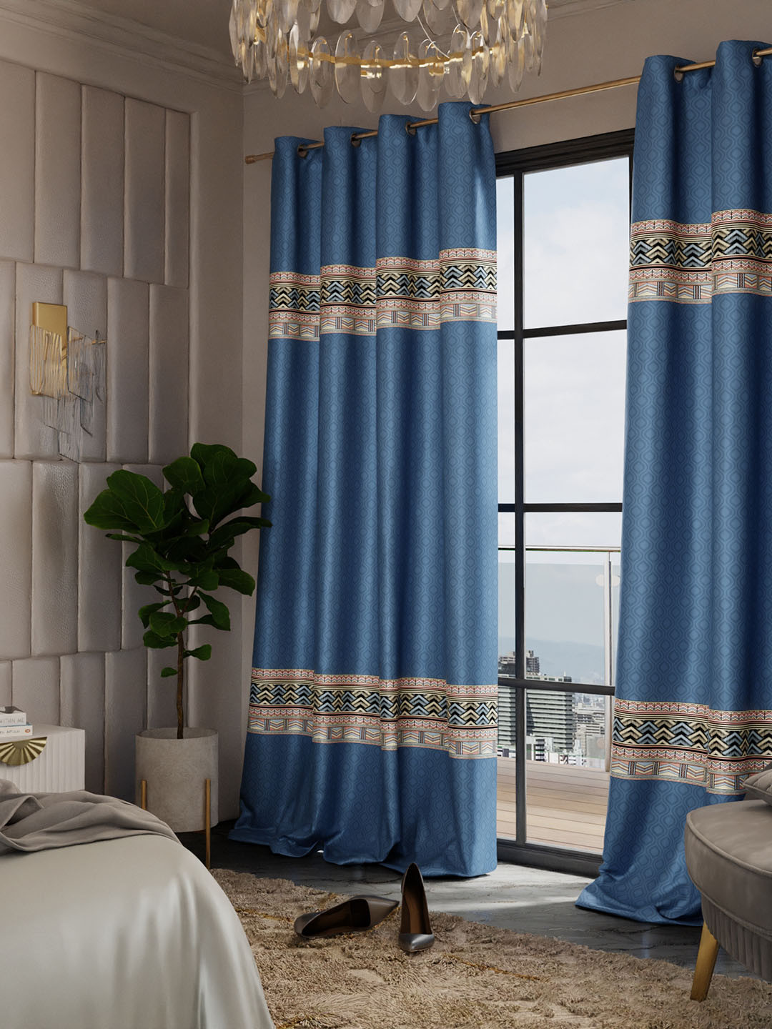 Stoa Paris Versailles Satin Printed Celestial Blue Long Door Curtain