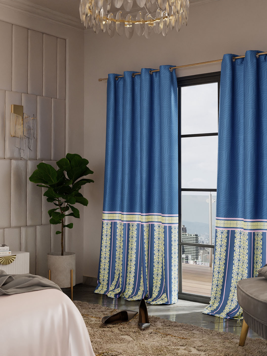 Stoa Paris Versailles Satin Printed Blue Monarch Door Curtain