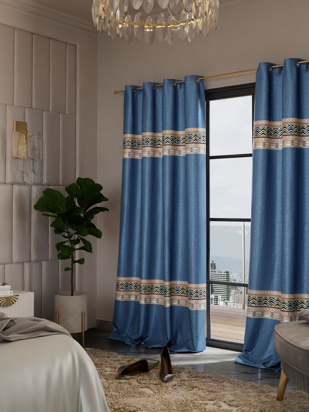 Stoa Paris Versailles Satin Printed Celestial Blue Door Curtain