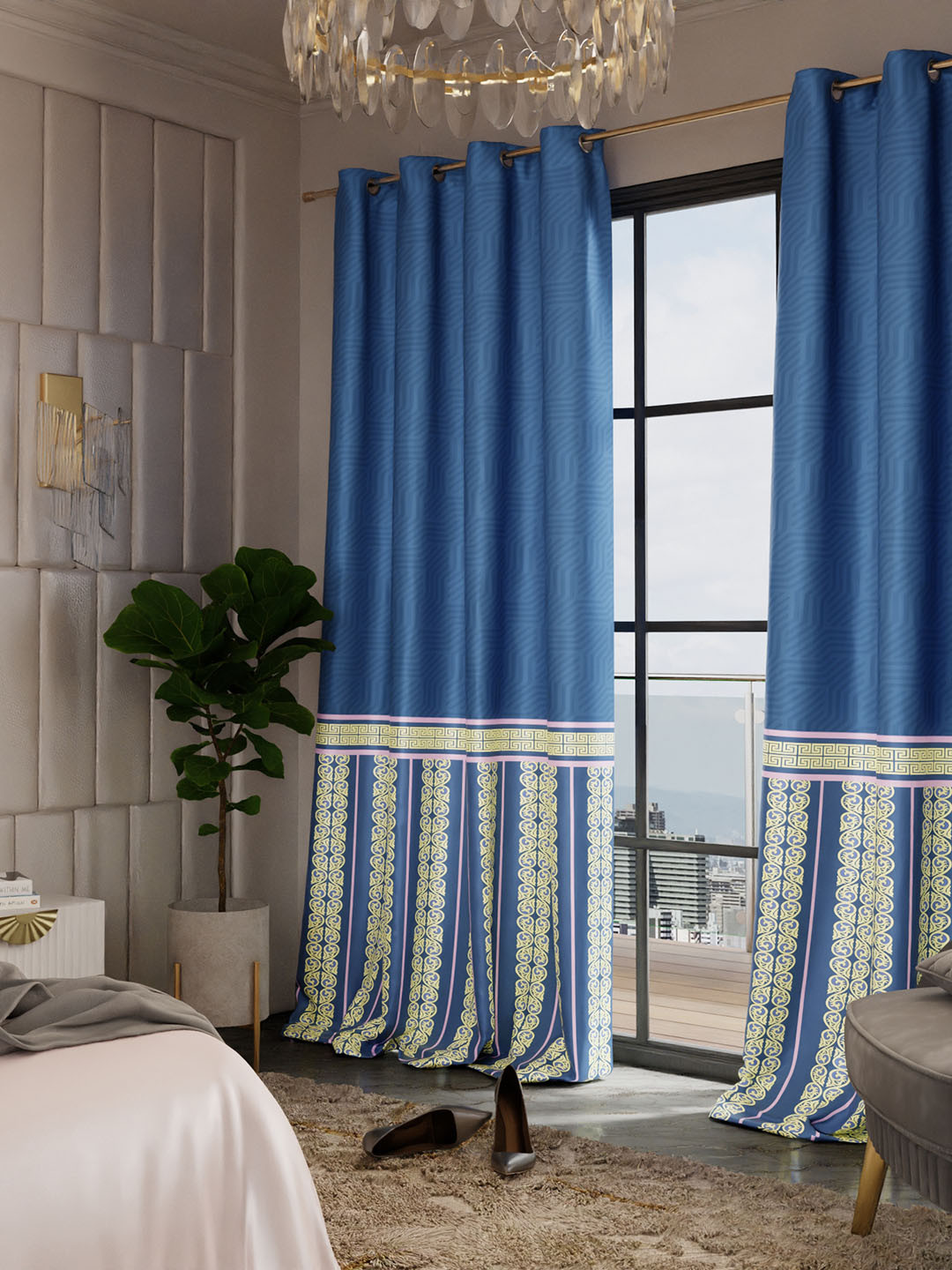 Stoa Paris Versailles Satin Printed Blue Monarch Long Door Curtain