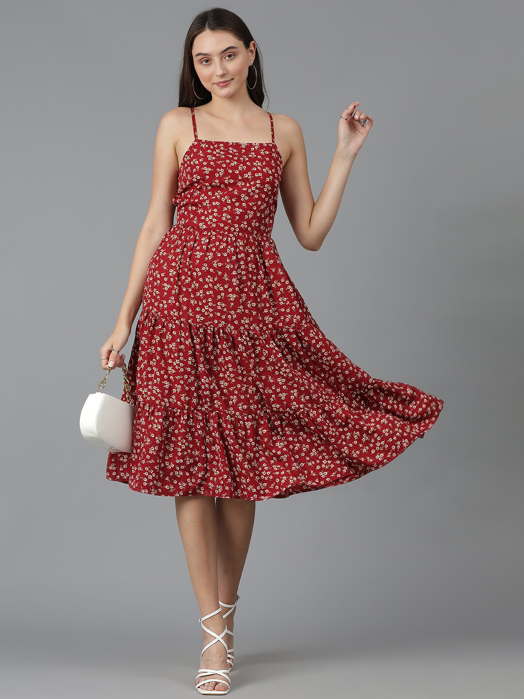 Kotty Floral Printed Shoulder Straps Sleeveless Layered Fit & Flare Dress