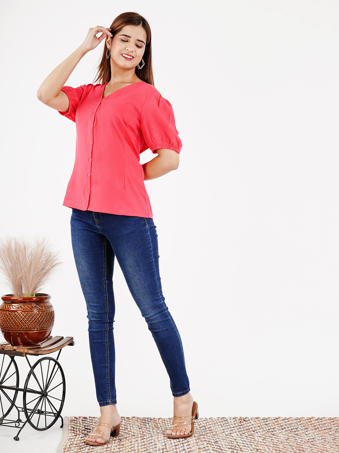 TANESHWAR V-Neck Puff Sleeves Cotton Casual Top