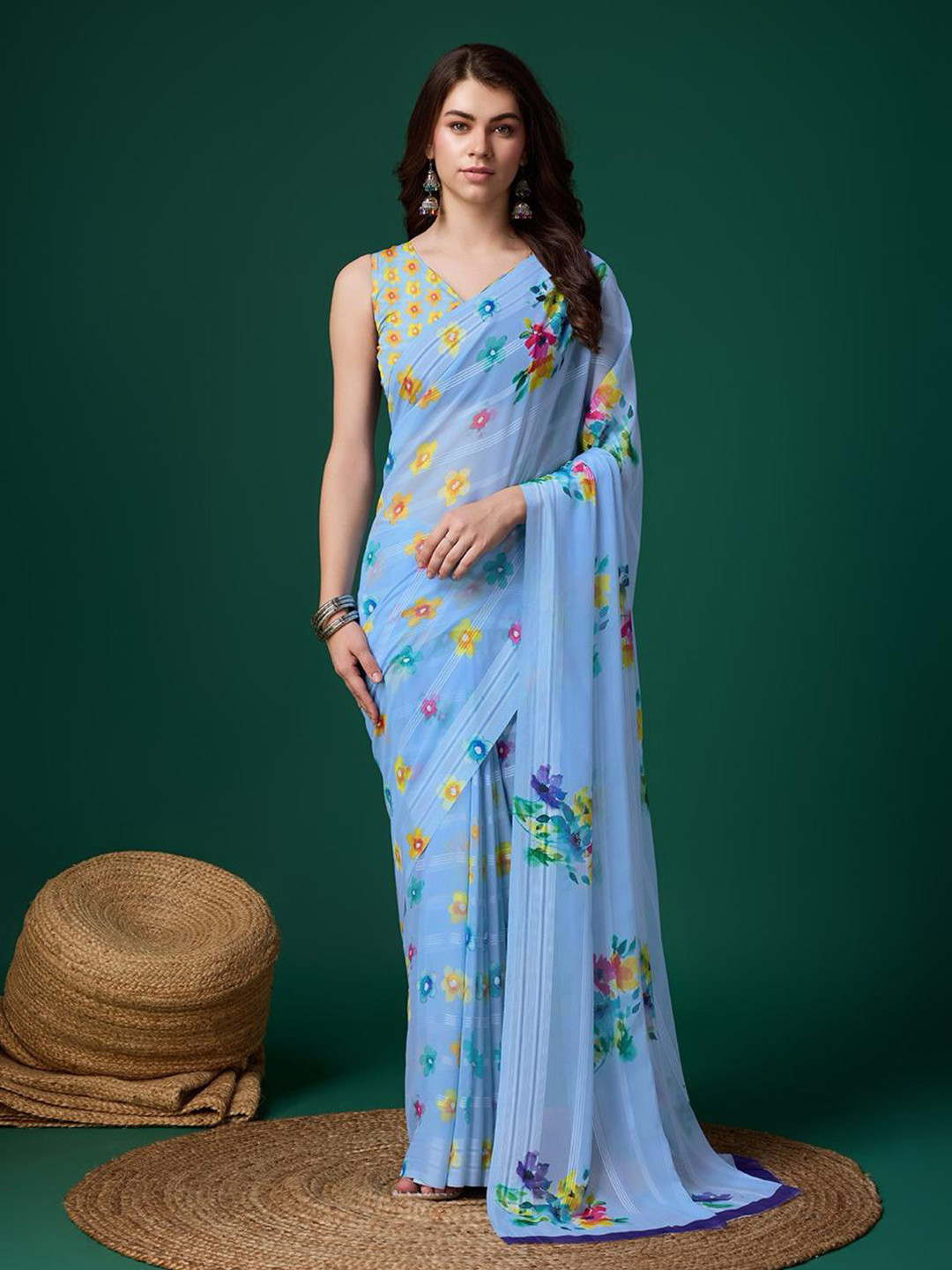 P D Silk Mills Striped Pure Georgette Saree