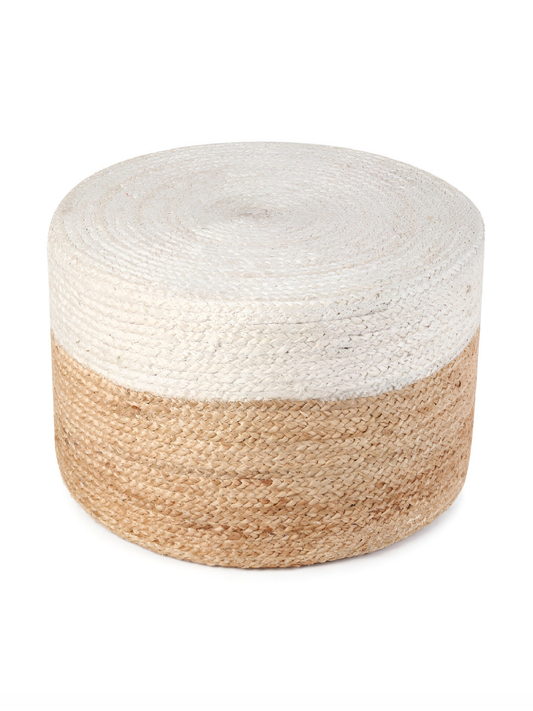 HABERE INDIA White & Beige Round Jute Pouff Ottoman
