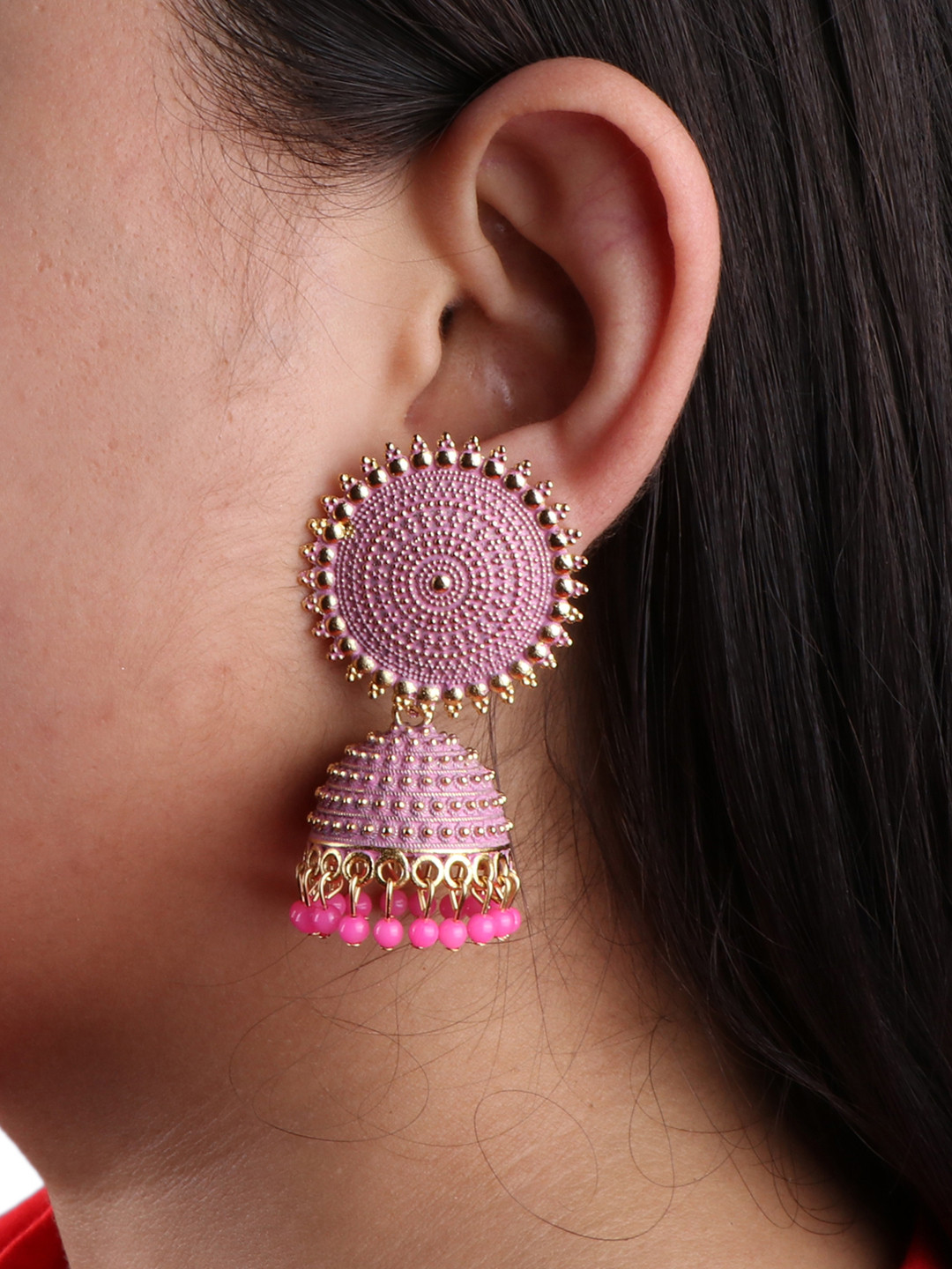Keviv Gold-Plated Kundan Studded Dome Shaped Jhumkas