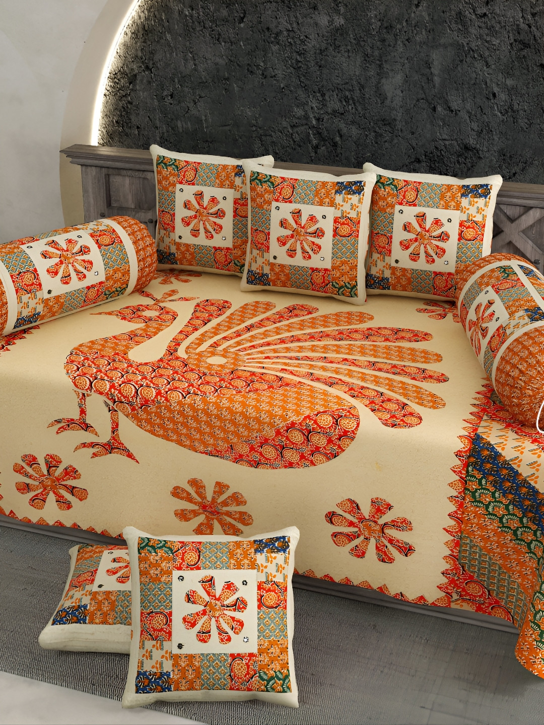 LIVING ROOTS Orange & Red 8 Pieces Block Printed Pure Cotton Diwan Set