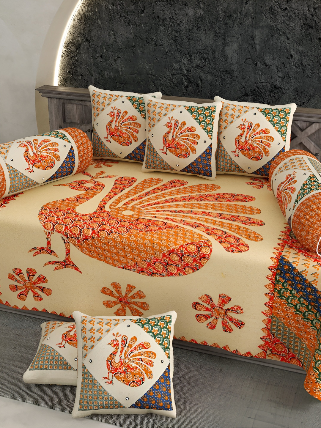 LIVING ROOTS Orange & Blue 8 Pieces Block Printed Pure Cotton Diwan Set