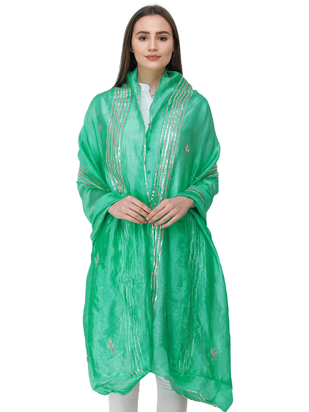 Exotic India Jade Cream Art Silk Dupatta with Gota Patches and Frill Border