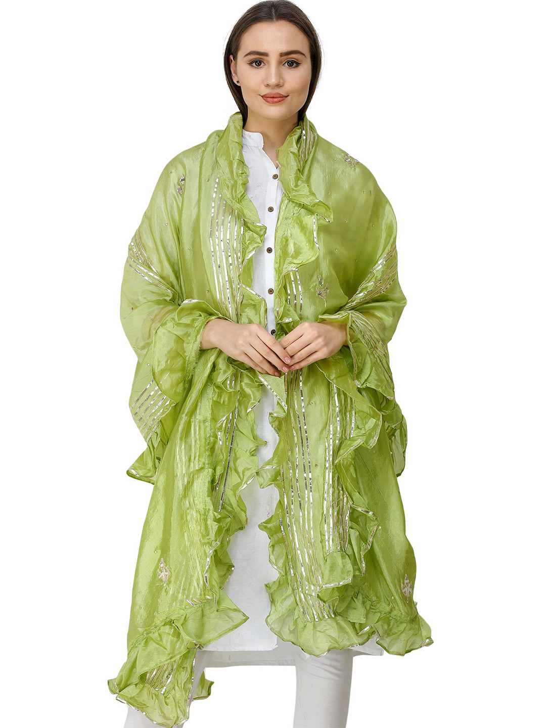 Exotic India Wild Lime Art Silk Dupatta with Gota Patches and Frill Border