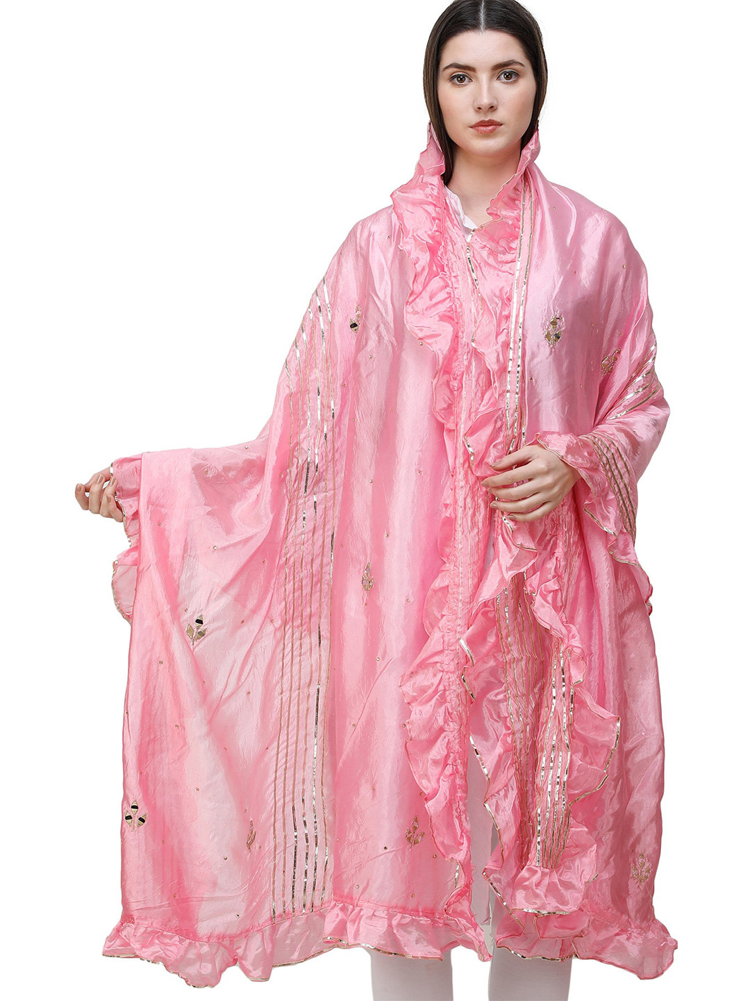 Exotic India Candy Pink Art Silk Dupatta with Gota Patches and Frill Border