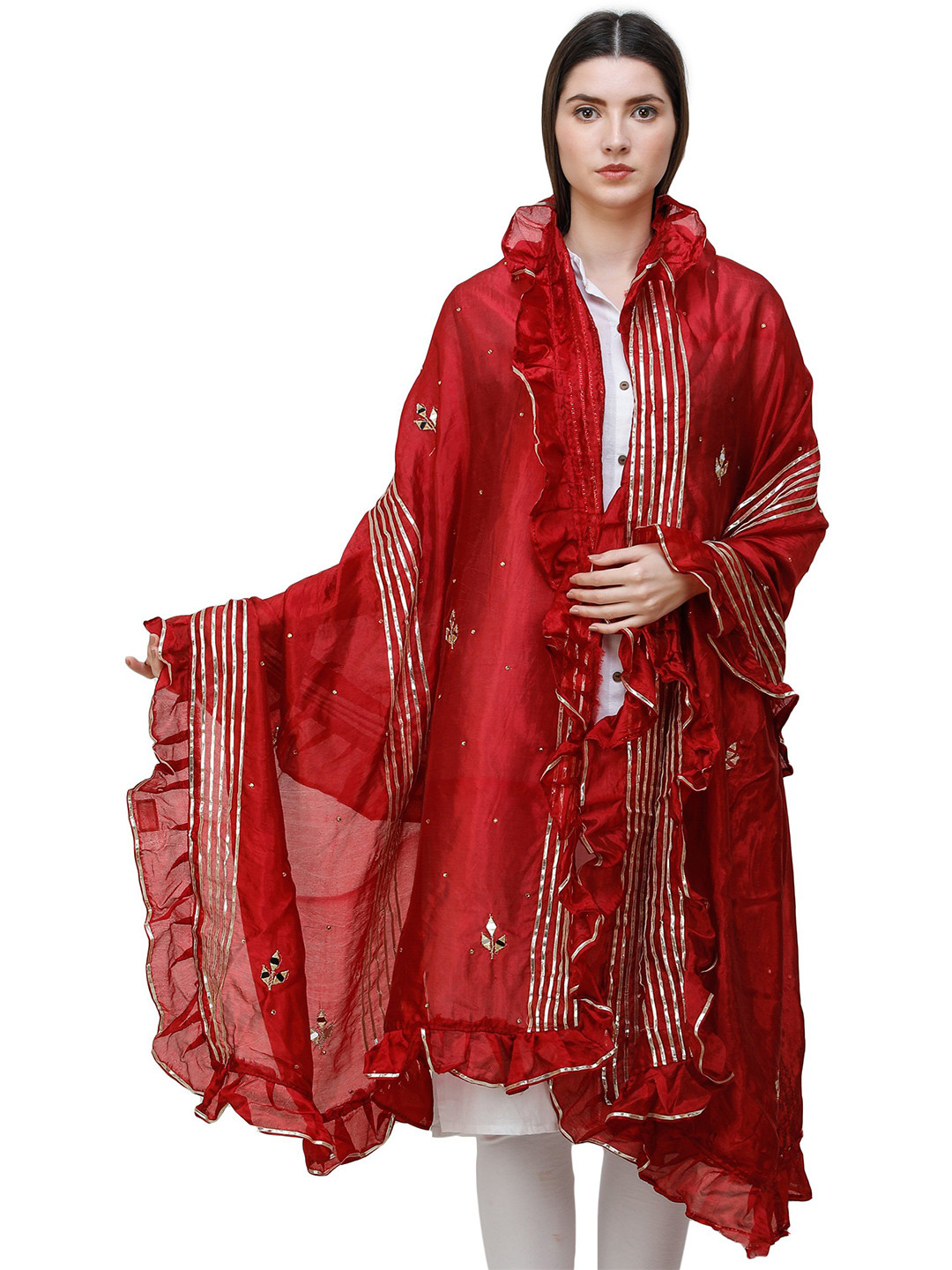 Exotic India Bittersweet Art Silk Dupatta with Gota Patches and Frill Border