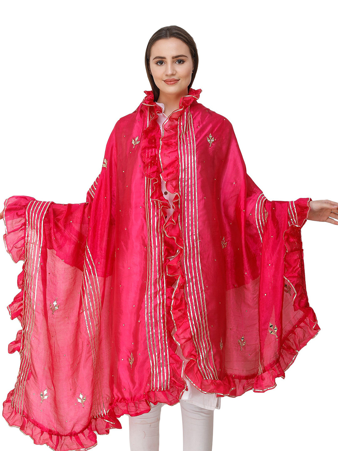 Exotic India Bright Rose Art Silk Dupatta with Gota Patches and Frill Border