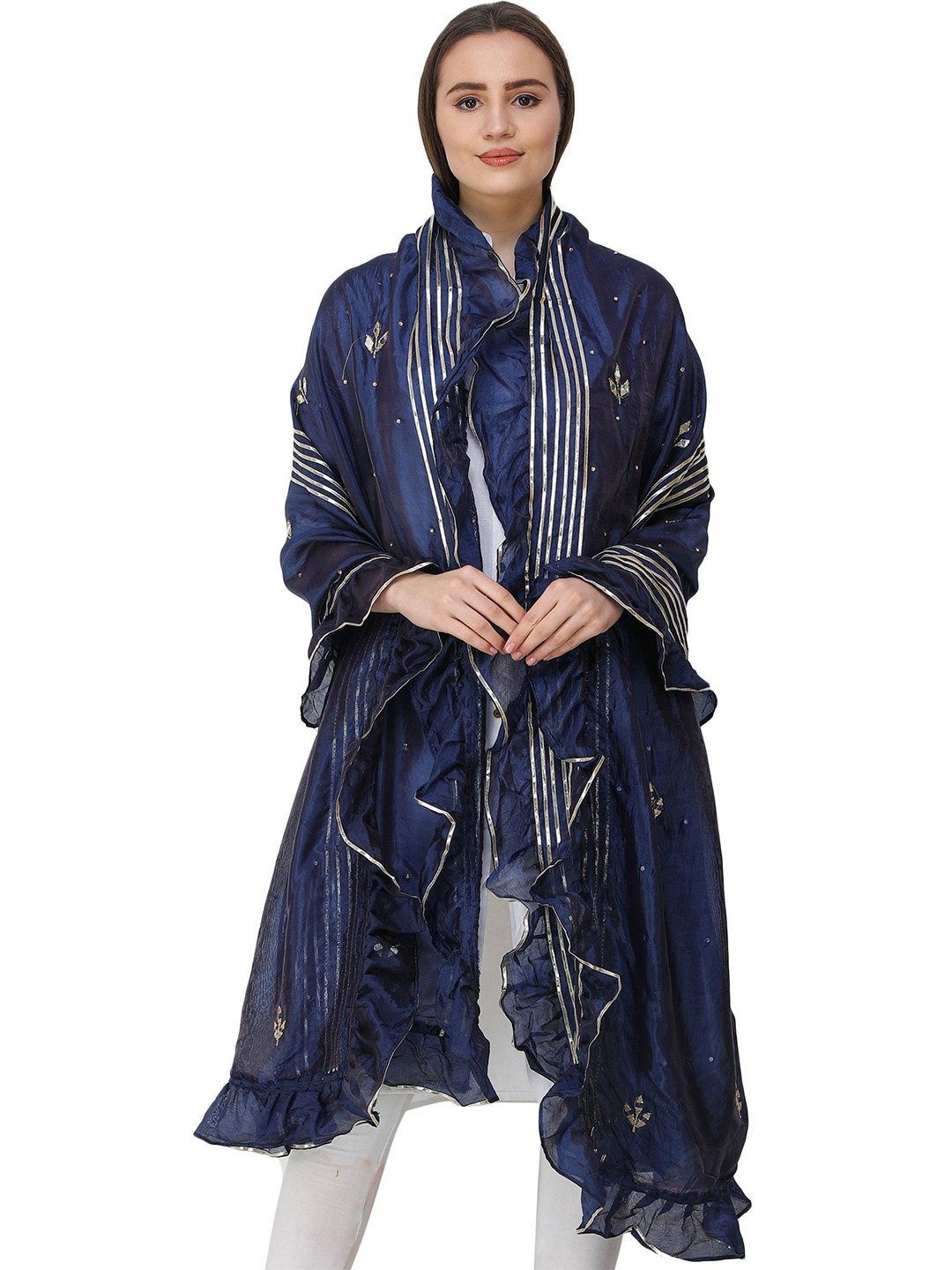 Exotic India Patriot Blue Art Silk Dupatta with Gota Patches and Frill Border