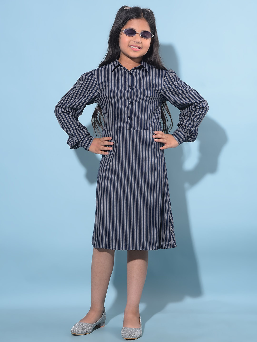 Crimsoune Club Girls Striped Shirt Collar Cuffed Sleeves Cotton Straight Shirt Dress