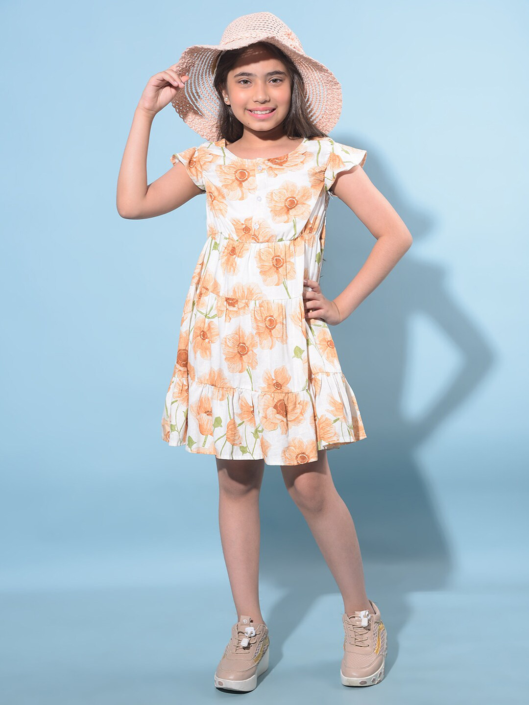 Crimsoune Club Girls Floral Print Round Neck Short Cap Sleeves Fit & Flare Dress