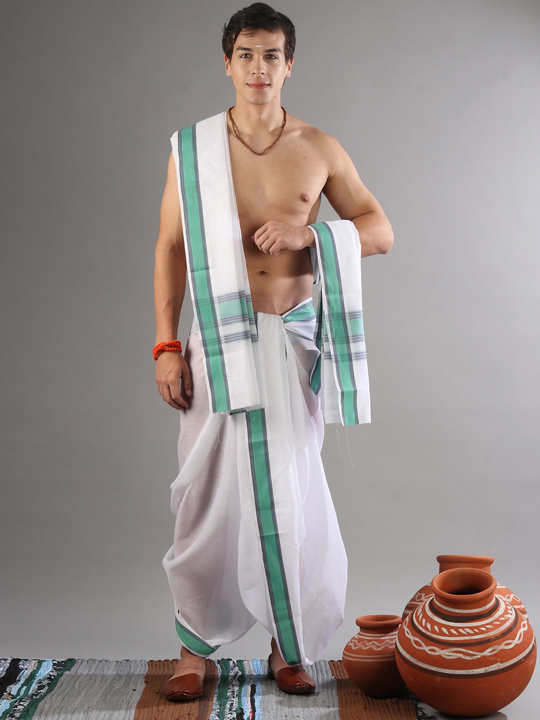 Exotic India Bright White Pure Cotton Dhoti Veshti Drape Set With Woven Green Border