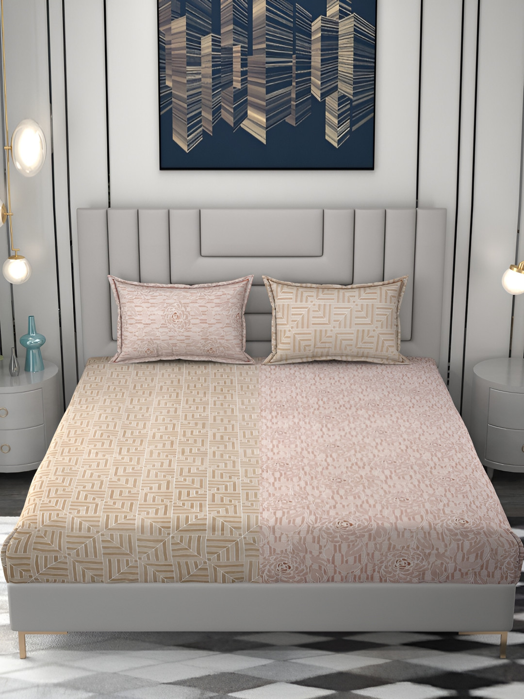 FINE TEX WORLD Brown Graphic Cotton Reversible 260 TC King Fine Bedsheet with 2 Pillow Covers-108 x 108 inches