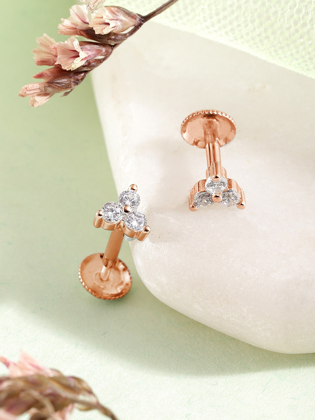Zavya 925 Pure Sterling Silver Rose Gold-Plated Cubic Zirconia Studded Studs Earrings