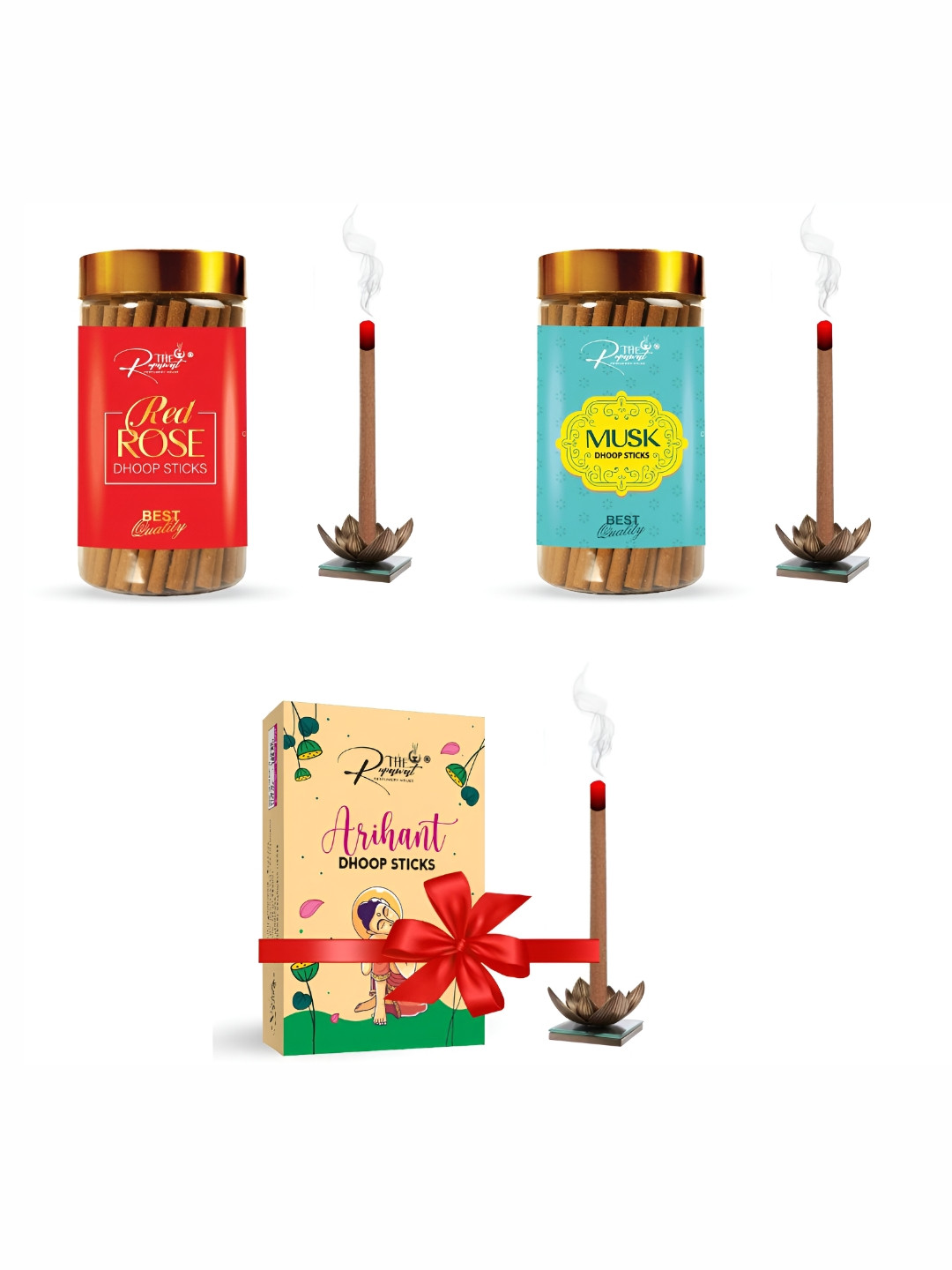 THE RUPAWAT Perfumery House 3-pcs Brown Red Rose Musk & Arihant Incense Sticks