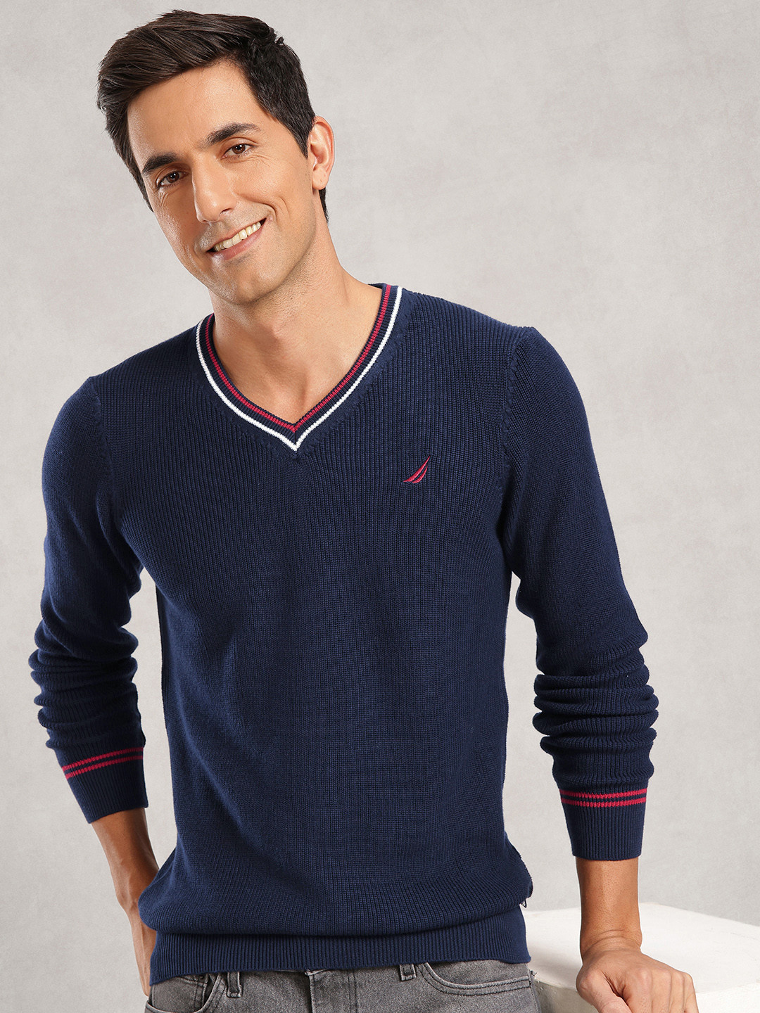 Nautica Ribbed V-Neck Pure Cotton Pullover